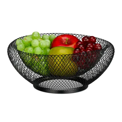 Produktbild von Relaxdays Obstschale Metall, runder Obstkorb, doppelwandig, HxD: 10 x 25 cm, Drahtkorb für Früchte & Gemüse, schwarz
