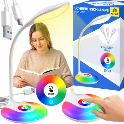 Produktbild von Schreibtischlampe LED RGB 256 Farblicht Touch Dimmbar 3 Helligkeitsstufen Tischlampe Lesen Nachtlicht Geschenk Kinder Mädchen Jungen USB 5W Retoo, KI-generiertes Bild