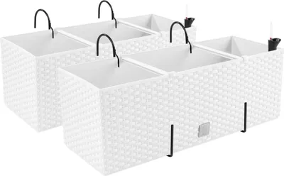 Produktbild von PAFEN 2in1 Set 2x Balkonkasten Blumenkasten Rattan-Optik 4 Farben Pflanztopf Blumenkübel Weiß