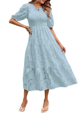 Produktbild von MEROKEETY Damen 2023 Sommer Puffärmel Gesmoktes Blumenkleid Rundhalsausschnitt S
