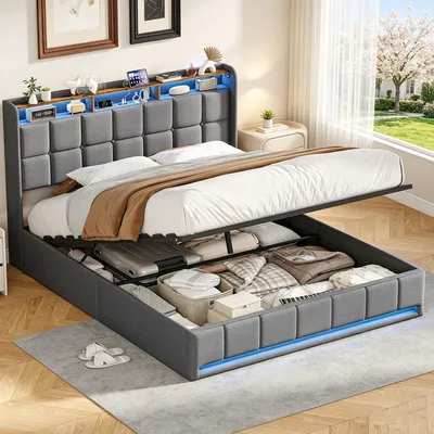 Produktbild von INONEFT Boxspringbetten 160x200 mit LED und USB/C, Polsterbett mit hydraulischem Stauraum und Lattenrost,Doppelbett Bettgestell,Leinen, Grau