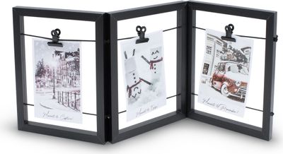 Holz Bilderrahmen mit Gummileine für 3 Fotos - 54 x 23 cm - Fotohalter aufklappbar mit 3 Clips - Foto Collage Bildergalerie Rahmen faltbar für Bilder Postkarten