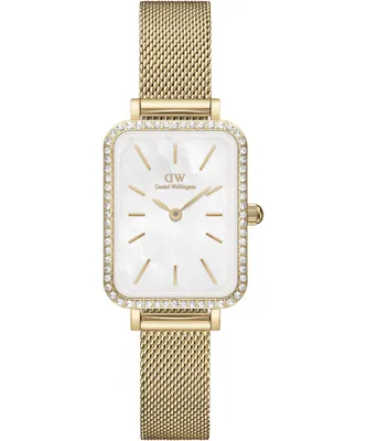 A close-up studio shot of a gold-colored women's watch with a white face and diamond accents.