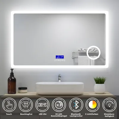 Produktbild von AICA LED Badspiegel mit Bluetooth 140x80cm Uhr Beschlagfrei Badezimmerspiegel 3 Lichtfarbe Dimmbar 3-Fach Vergrößerung Schminkspiegel
