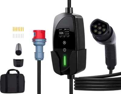 Image de SucceBuy Mobile Wallbox, 22 kW, 32 A, station de recharge de type 2 pour véhicules électriques, chargeur triphasé avec câble de recharge de 7 m, prise CEE32, écran LCD et boîtier deIP66, adapté aux véhicules électriques