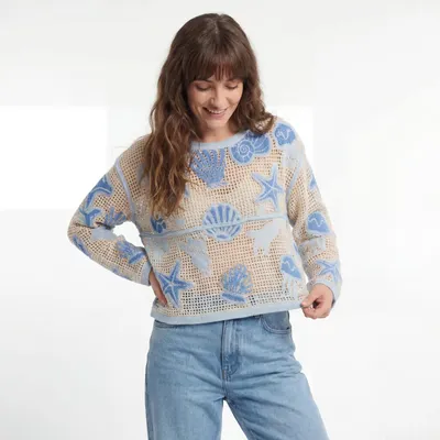 Produktbild von Sommer Shirt Strand Oberteil Cropped 36-40 Baumwoll Häkel Look Shirt für Damen