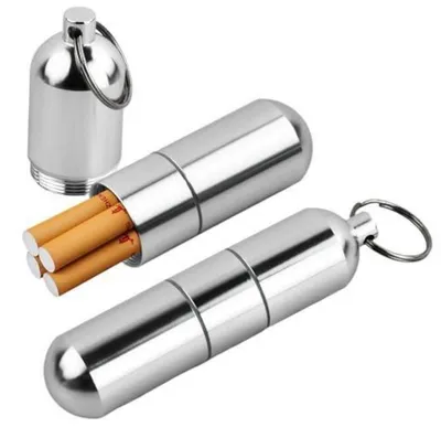 Productafbeelding van Mini sigarettenetui van aluminium, 2 stuks, waterdicht, met sleutelhanger, rond, geschikt voor reizen en kamperen