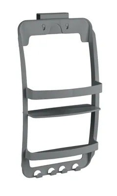 A gray hanging shelf with two tiers and four hooks, shown against a white background.