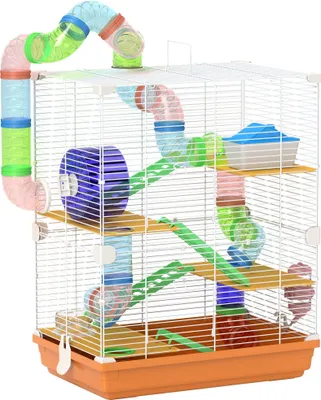 Immagine prodotto di PawHut Gabbia per criceti per roditori 4 piani con tunnel mangiatoia casetta a rotelle scale dim. 46L x 30L x 58H cm arancione