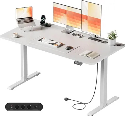 Imagen del producto de Escritorio de altura ajustable con enchufes, 140x60 cm, color blanco
