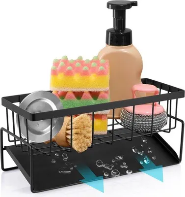 Zdjęcie produktu dla Organizer do zlewu kuchennego – samoprzylepna tacka na ściereczki, ze stali nierdzewnej, organizer kuchenny, łazienkowy, organizer do zlewu kuchennego z magnetycznym uchwytem na gąbkę i odpływem, czarny, 1 sztuka