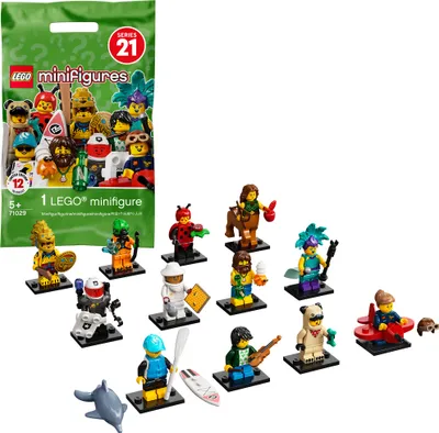 A collection of LEGO Minifigures Series 21 figures displayed alongside their packaging.
