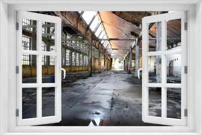 Produktbild von Wallario selbstklebendes Poster mit Fenster-Illusion - Alte Industriehalle  leerstehend und einsam, Größe: 61 x 91,50 cm