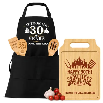 BBQ-Geschenkset zum 30. Geburtstag, Bambus-Schneidebrett, Schürze, 3 Löffel