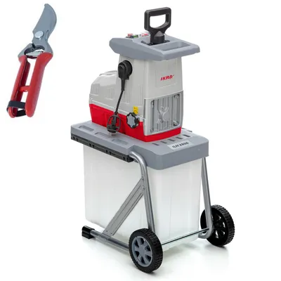 A garden shredder and a pair of pruning shears are displayed against a white background.
