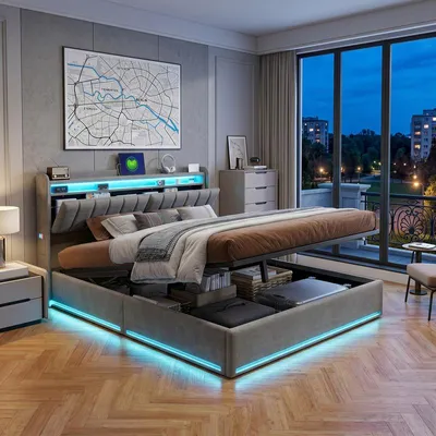 Obrázek produktu pro ProximaX Moderní manželská postel 140 x 200 cm, šedý samet, postel s úložným prostorem a hydraulickým zvedáním, RGB LED, čelo postele a zásuvka EU