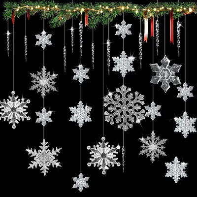 42tlg. Acryl-Schneeflocken & Eiszapfen Weihnachtsbaumschmuck, transparent