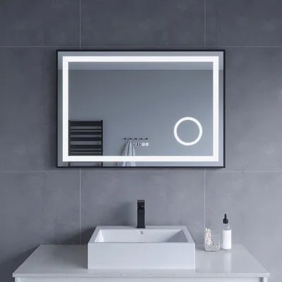 Produktbild von Badspiegel mit Beleuchtung Wandspiegel schwarz rechteckig 100x70 cm mit Uhr 3 Fach Vergrößerung Beschlagfrei Dimmbar Kaltweiß