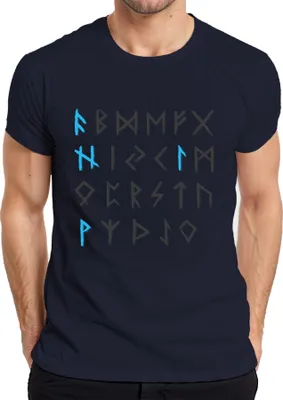 Immagine prodotto di Maglietta da uomo Nordic Elder Futhark Alfabeto Runico Vichingo Stile Retrò, Navy, L