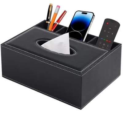 Produktbild von Kosmetiktücherbox Kunstleder mit Fernbedienungsfach, rechteckig, Schwarz, 25,5 x 18,4 x 10 cm