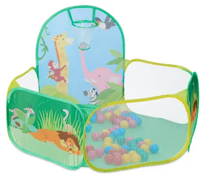 Image de Piscine à balles Relaxdays, avec 50 balles et un panier de basket, piscine à balles pop-up rectangulaire, piscine à balles pour enfants, 81 x 129 x 108 cm, multicolore