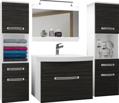 Produktbild von BELINI Badmöbel Vollausstattung Set Waschbeckenschrank, 2x Hochschrank, Waschbecken, Spiegel, Lampe (Königliches Ebenholz, Matt)