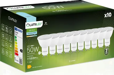 Obrázek produktu pro LUMILED GU10 LED, 6W 580 lumenů, 6500K studená bílá žárovka reflektor, nahrazuje 50W halogenové žárovky, úhel vyzařování 24°/36°/60° reflektorové žárovky reflektor 10 kusů energeticky úsporných žárovek