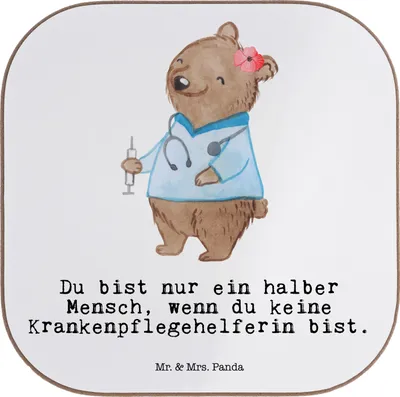 Produktbild von Mr. & Mrs. Panda Untersetzer Tasse Krankenpflegehelferin Herz - Weiß - Geschenk, gläseruntersetzer, Coaster, Witzig, Ausbildung, Lustig, Tassenuntersetzer, für Gläser