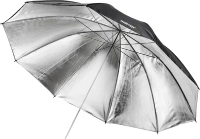 Produktbild von Walimex pro zweilagig Reflexschirm Ø 150 cm schwarz/silberfarben für hartes Licht, Lichtreflektor ideal für Porträt- und Produktfotografie, Lichtformer für Studioblitz, Fotoschirm mit Metallstange