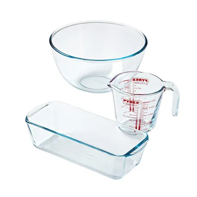 Produktbild von Pyrex 3-teiliges Glas-Set: Messbecher + Rührschüssel + Kuchenform, hitzebeständig, spülmaschinenfest