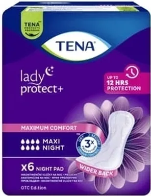 Obrázok produktu pre Podložky Tena Lady Maxi Night, 6 kusov - Anatomický komfort a ochrana pre noc.