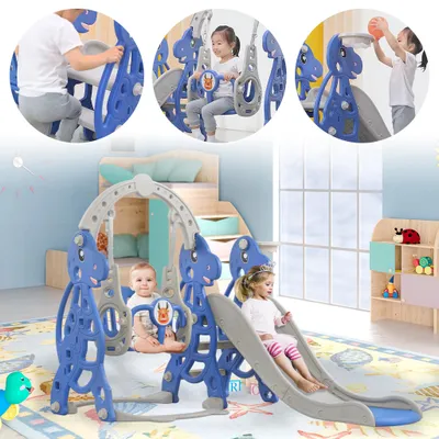 Produktbild von QEENTOE Klettergerüst Kinder Freistehende Indoor 4 in 1, Kinderrutsche Basketballkorb Kinder Rutsche, Gartenrutsche Spielzeugrutsche, 175x140x120cm