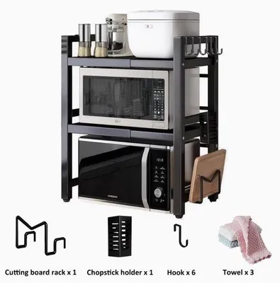Image de Support pour micro-ondes avec 6 crochets, torchons et supports pour crochets, réglable de 40 à 64 cm, support pour herbes aromatiques et porte-planche à découper, blanc/noir