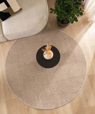 Productafbeelding van Unyqoos® Scandinavisch rond vloerkleed, contourrand, beige, 250 cm - Polypropyleen/polyester, 3D-optiek, luxueus zacht