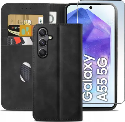 Image de Étui pour Samsung A55 5G | Coque portefeuille en cuir + Verre trempé 9H