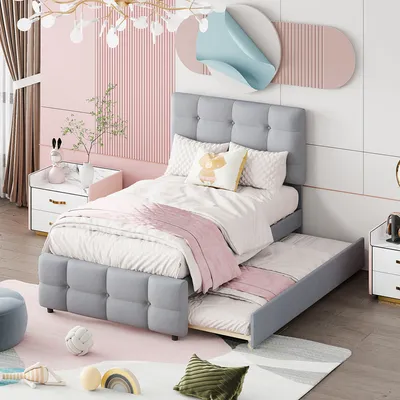 Produktbild von Flieks Polsterbett 90x200cm mit Ausziehbarem Bett, Jugendbett Kinderbett mit Lattenrost, Einzelbett Gästebett Funktionsbett Holzbett, Leinen, Grau
