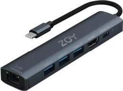 Zdjęcie produktu dla Hub ZOY USB-C z 6 portami, USB C (100W PD), 3xUSB-A 3.0, Ethernet, HDMI 4K, adapter USB C