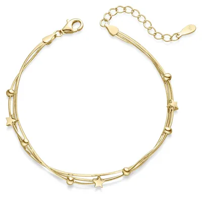 Dreireihiges Schlangenketten-Armband aus vergoldetem Silber, mit goldenen Sternen und Kugeln, mit Karabinerverschluss und Verlängerungskette.