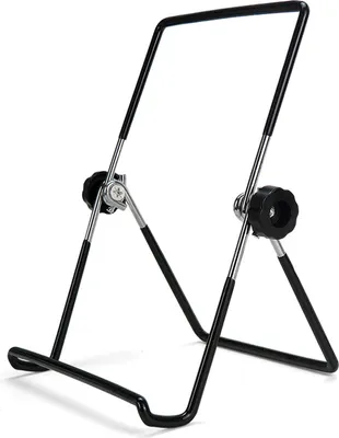 A black and silver adjustable stand for holding tablets or books.