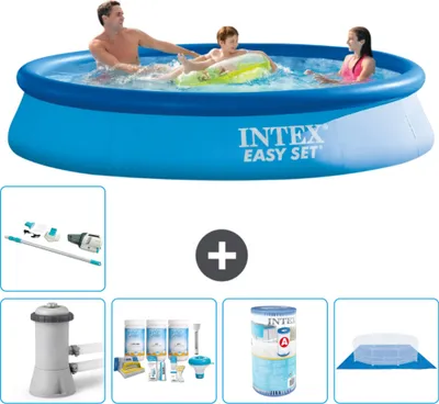Produktbild von Intex runder aufblasbarer Easy Set-Schwimmpool – 366 x 76 cm – Blau – inklusive Pumpe Wartungspaket - Filter - Bodenplane - Staubsauger