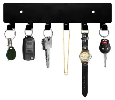 Produktbild von Wandmontierter Schlüsselhalter mit 6 Haken, selbstklebend, schwarz