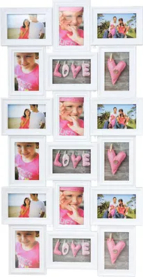 Produktbild von XL Bilderrahmen Collage für 18 Fotos 10 x 15 cm und 15 x 10 cm Weiß 3D Look überlappende Rahmen Kunststoff mit Abdeckscheiben Wandmontage hochkant oder quer Gesamtmaß ca. 52,5 x 102,5 x 2,4 cm