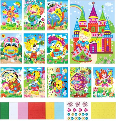 Imagen del producto de 12 sets de mosaicos para manualidades para niños, mosaicos adhesivos para niñas y niños, proyectos de manualidades DIY, regalos para cumpleaños infantiles, actividades para fiestas