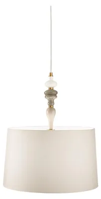 Immagine prodotto di Sospensione in Metallo Ottone Spazzolato e Vetroceramica Multicolor con Paralume in Tessuto Avana - Design Moderno ed Elegante D.50 cm - Perenz