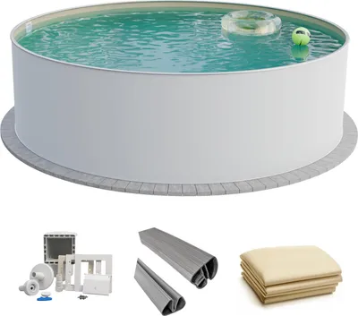 Produktbild von Fresh-Pool Profi Stahlwandpool Set rund, 420x150 cm, Stahl 0,8 mm weiß, Folie 0,8 mm sand, Einhängebiese