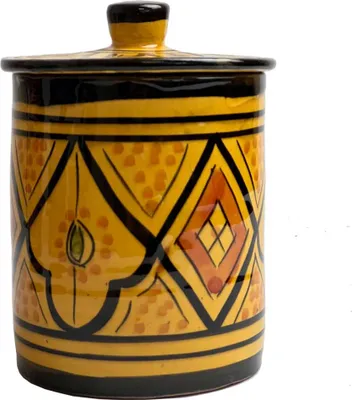 Zdjęcie produktu dla Ręcznie wykonany marokański słoik ceramiczny - misternie malowany, idealny na cukier, kawę i akcesoria łazienkowe Kolor: żółty