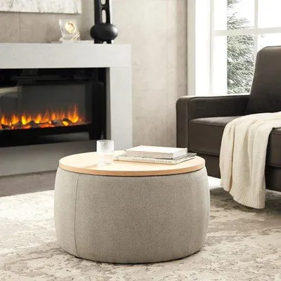 Productafbeelding van Ronde opbergpoef met voetensteun, 2-in-1 functie als bijzettafel en kruk, 64,8 x 64,8 x 36,8 cm, lichtgrijs MDF
