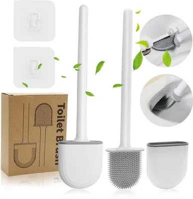 Produktbild von Silikon Toiletborstel 2er Set, flexibel, druppelvrij, wandmontage, grijswit, buigzame borstelharen