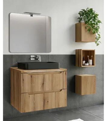 Produktbild von Badmöbel-Set 5-teilig mit LED-Spiegel & 80 cm Waschtisch in Eiche, gerillte Front, Baumkantenoptik - NEWPORT-56-EVOKE