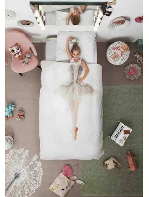 Produktbild von SNURK Renforcé Bettwäsche Ballerina Kinder 100% Baumwolle Reißverschluss Bettbezug Kissenbezug Bettgarnitur Bettwäsche-Set 135x200 + 80x80 cm Weiß
